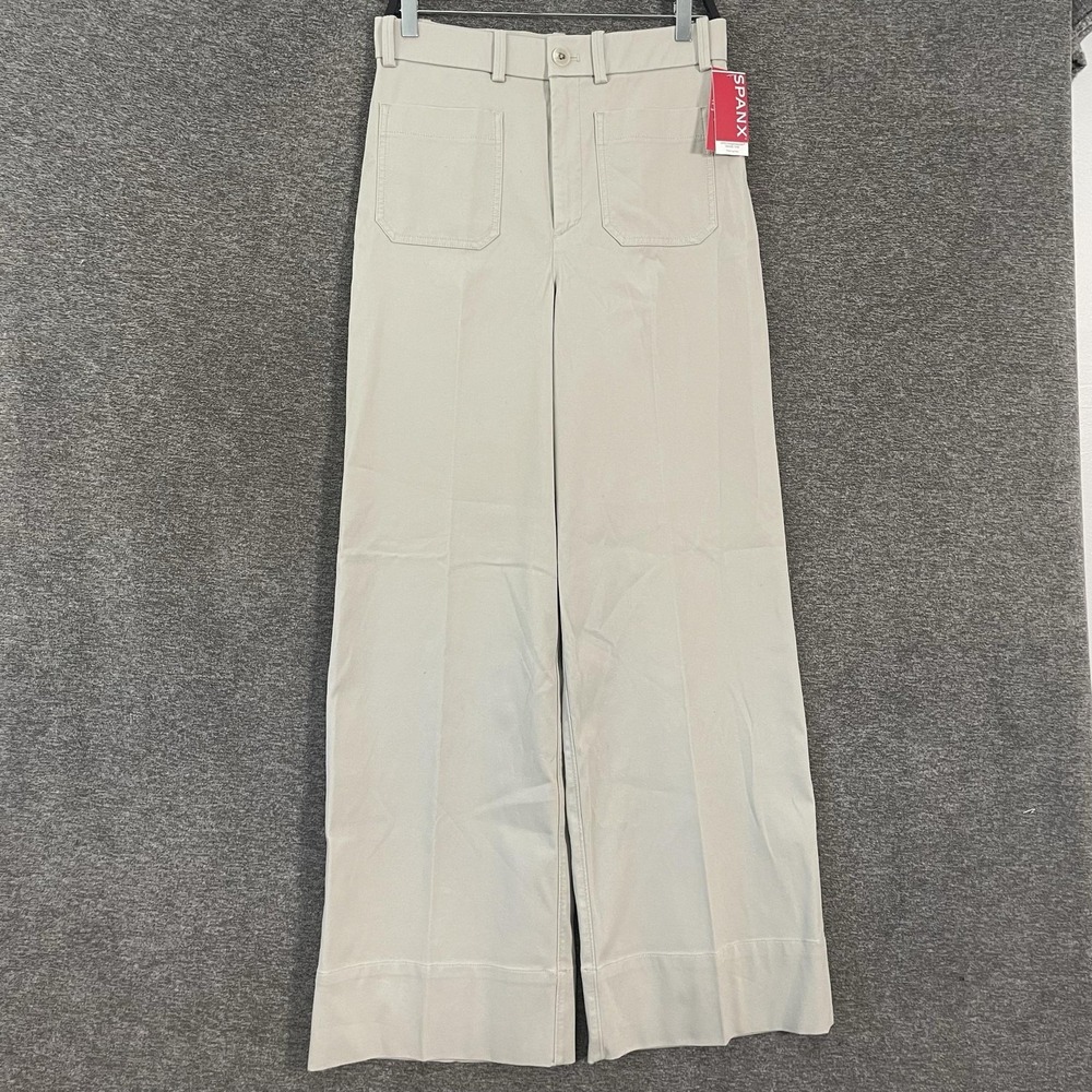 Spanx Pants Womens Medium Tall White Stretch Twill Wide Leg Dress Work Shaping